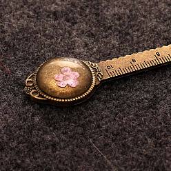 Misty Rose Alloy Ruler Bookmark, Glass Cabochon Bookmark with Dried Narcissu Flower Inside, Misty Rose, 120mm