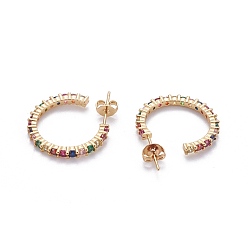 Real 18K Gold Plated Brass Micro Pave Cubic Zirconia Stud Earrings, Half Hoop Earrings, with Brass Ear Nuts, Ring, Colorful, Real 18K Gold Plated, 21~21.5x2mm, Pin: 0.7mm