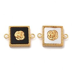 Golden Vacuum Plating 304 Stainless Steel Connector Charms, with Black Acrylic & Shell, Square Links with Rose, Golden, 10.5x15.5x3mm, Hole: 1.5mm