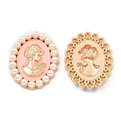 Pink Zinc Alloy Enamel Cabochons, with Plastic Imitation Pearls, Oval with Woman, Light Gold, Pink, 53x42x7.5mm