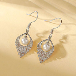Platinum Brass Micro Pave Cubic Zirconia Dangle Earrings for Women, Leaf, with Imitation Pearl, Platinum, 13.2x37.3mm