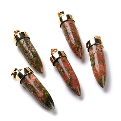 Unakite Natural Unakite Pointed Pendants, Cone Charms, with Golden Tone Alloy and Iron Findings, 42.5~46x14~15mm, Hole: 8x6mm