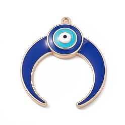 Medium Blue Alloy Enamel Pendants, Light Gold, Double Horn/Crescent Moon with Evil Eye Charm, Medium Blue, 41x35.5x5mm, Hole: 2.2mm