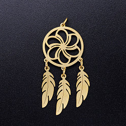 Golden 201 Stainless Steel Pendants, with Jump Rings, Woven Net/Web with Feather, Golden, 46x20x1mm, Hole: 3mm, Ring: 5x0.8mm
