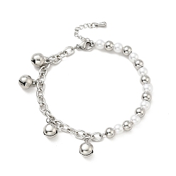 Stainless Steel Color 201 Stainless Steel Bell Charms Bracelet, Plastic Pearl Beaded Bracelet with 304 Stainless Steel Curb Chains for Women, Stainless Steel Color, 7-1/2 inch(19cm)