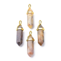 Crazy Agate Natural Crazy Agate Pointed Pendants, with Random Brass Pendant Hexagon Bead Cap Bails, Golden, Bullet, 38.5~40x12~12.5x10~11mm, Hole: 3x4.5mm