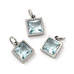 Light Cyan 304 Stainless Steel Pendants, with Cubic Zirconia and Jump Rings, Single Stone Charms, Square, Stainless Steel Color, Light Cyan, 9.5x8x3.5mm, Hole: 3.4mm