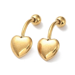 Real 18K Gold Plated Ion Plating(IP) 304 Stainless Steel Body Jewelry, Belly Rings/Stud Earrings, Heart, for Women, Real 18K Gold Plated, 23.5x10.5x7.5mm, Pin: 1.5mm