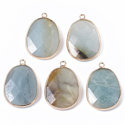 Amazonite Natural Amazonite Pendants, with Golden Plated Edge Brass Findings, Nickel Free, Faceted, Oval, 25~26x17~18x5mm, Hole: 1.4mm