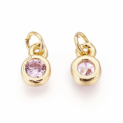 Pearl Pink Brass with Single Cubic Zirconia Charms, Single Stone Charms, Flat Round, Golden, Pearl Pink, 6.5x4.5x2mm, Hole: 2.5~3mm