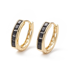 Black Cubic Zirconia Rectangle Hoop Earrings, Real 18K Gold Plated Brass Jewelry for Women, Cadmium Free & Nickel Free & Lead Free, Black, 17.5x15.5x4.5mm, Pin: 0.9mm