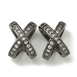 Черный Цвет Металла Буква x стойка покрытие латунь микропаве кубический цирконий европейские бусины, бусины с большим отверстием, долговечный, без свинца и без кадмия, металлический черный , 10.5x7.5x6.5 мм, отверстие : 4 мм