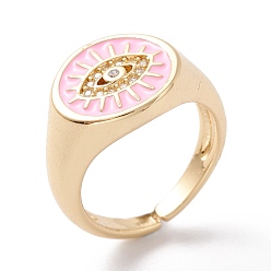 Pink Brass Micro Pave Clear Cubic Zirconia Cuff Rings, with Enamel, 0val with Evil Eye, Real 18K Gold Plated, Pink, US Size 5, Inner Diameter: 16mm