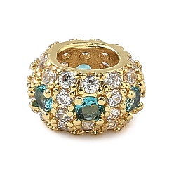 Бирюза Латунные микро проложить Цирконий Европейский бисером, RONDELLE большие шарики отверстия, реальный 18 k позолоченный, стойки покрытие, долговечный, без кадмия и без свинца, бирюзовые, 12.5x10.5x7.5 мм, отверстие : 6.5x5 мм