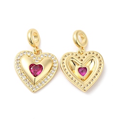 Deep Pink Heart Brass Micro Pave Cubic Zirconia European Dangle Charms, Real 16K Gold Plated, Large Hole Charms, Deep Pink, 23mm, Hole: 4mm, Heart: 16x15.5x3mm