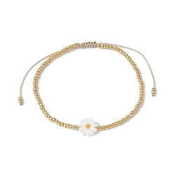 Gold Flower Natural Shell & Glass Seed Braided Bead Bracelets, Adjustable Nylon Bracelet, Gold, Inner Diameter: 2-1/8~3-3/8 inch(5.5~8.5cm)