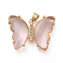 Misty Rose Brass Micro Pave Clear Cubic Zirconia Pendants, with Glass, Butterfly, Golden, Misty Rose, 20x26.5x5mm