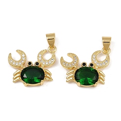 Темно-Зеленый Латунные микро проложить кубического циркония подвески, краб, со стеклом, долговечный, без кадмия и без свинца, реальный 18 k позолоченный, темно-зеленый, 21x16x4.5 мм, отверстие : 4x3.5 мм