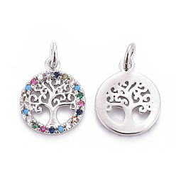 Platinum Brass Micro Pave Cubic Zirconia Charms, with Jump Rings, Flat Round with Tree of Life, Colorful, Platinum, 14.5x12x1.5mm, Hole: 2.5mm