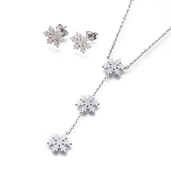 Stainless Steel Color Snowflake 304 Stainless Steel Jewelry Sets, Cable Chains Pendant Necklaces and Stud Earrings, with Ear Nuts and Lobster Claw Clasps, for Christmas, Stainless Steel Color, 20.15 inch(51.2cm), 11x9.5mm, Pin: 0.7mm