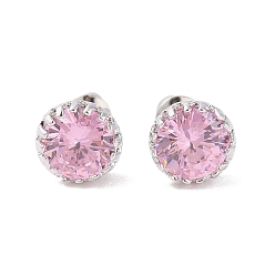 Pink Серьги-гвоздики с латунным покрытием и одинарным кубическим цирконием, долговечный, карат круглой формы, платина, розовые, 9 мм