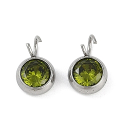 Темно-оливково-зеленый 304 подвески из микро-паве из нержавеющей стали с фианитами, цвет нержавеющей стали, круглый шарм, темно-оливковый зеленый, 10.5x6.5x4 мм, отверстие : 2.5 мм