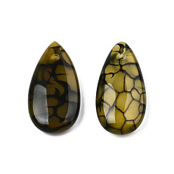 Olive Natural Dragon Veins Agate Pendants, Dyed & Heated, Teardrop Charm, Olive, 29x15x5.5mm, Hole: 1.6mm
