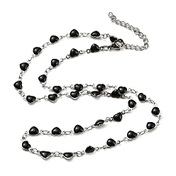 Black 304 Stainless Steel Heart Link Chain Necklaces, with Enamel, Black, 17.72~17.91 inch(45~45.5cm)