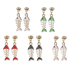 Mixed Color Fishbone Alloy Enamel Stud Earrings, Golden Tone 304 Stainless Steel Dangle Earring for Women, Mixed Color, 30x8mm