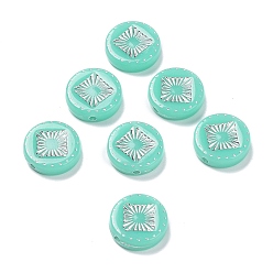 Aquamarine Opaque Acrylic Beads, Metal Enlaced, Flat Round with Rhombus Pattern, Aquamarine, 15~15.5x4.5~5mm, Hole: 1.8mm, about 606pcs/500g