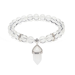 Quartz Crystal Natural Quartz Crystal Round Beaded Stretch Bracelet with Bullet Charms, Gemstone Yoga Jewelry for Women, Inner Diameter: 2~2-1/8 inch(5.1~5.3cm)