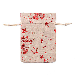 Christmas Bell Christmas Theme Linenette Drawstring Bags, Rectangle, Christmas Bell Pattern, 14x10cm