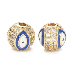 Blue Brass Micro Pave Cubic Zirconia Charms, with Enamel,  Long-Lasting Plated, Flat Round with Evil Eye, Real 18K Gold Plated  , Blue, 8mm, Hole: 2mm