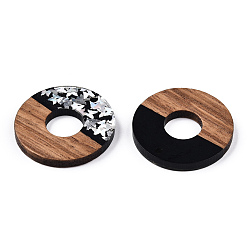 Silver Opaque Resin & Walnut Wood Pendants, Donut/Pi Disc Charms with Butterfly Paillettes, Waxed, Silver, Donut Width: 13mm, 28x3.5mm, Hole: 2mm