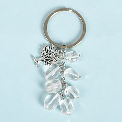 Quartz Crystal Natural Quartz Crystal Keychains, with Alloy Tree of Life Charms and Keychain Ring Clasps, 83mm