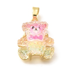 Ярко-Розовый Латунные подвески, медведь, со смолой и защелкивающимися дужками, стойки покрытие, без свинца и без кадмия, долговечный, реальный 18 k позолоченный, ярко-розовый, 18.5x14.5x8.5 мм, отверстие : 5x2.5 мм