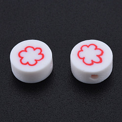 Red Handmade Polymer Clay Beads, Flat Round with Flower, Red, 9~9.5x4~5mm, Hole: 1.6mm