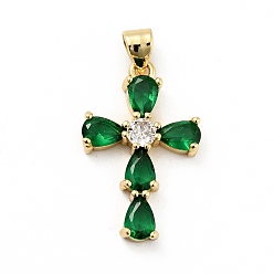 Green Rack Plating Brass Micro Pave Cubic Zirconia Pendants, Long-Lasting Plated, Lead Free & Cadmium Free, Cross, Real 18K Gold Plated, Religion, Green, 24.5x15.5x4mm, Hole: 3.5x4mm