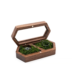 Sea Green 2-Slot Hexagon Walnut Wood Magnetic Wedding Ring Gift Case, Clear Window Jewelry Box with Velvet Inside, for Couple Rings, Sea Green, 10x5x2.8cm