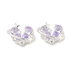 Лиловый Латунные бусины из фианита, планета-сердце со звездой, 925 серебро покрытием, сирень, 9x14x8 мм, отверстие : 1.5 мм