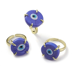Royal Blue Lampwork Evil Eye Open Cuff Ring, Light Gold Brass Lucky Jewelry for Women, Lead Free & Cadmium Free, Royal Blue, US Size 6 1/4(16.7mm)