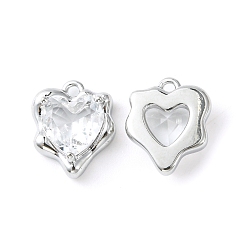 Clear Brass Micro Pave Cubic Zirconia Charms, Heart Charm, Real Platinum Plated, Clear, 13x11x4.5mm, Hole: 1.2mm