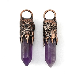 Аметист Природный аметист большие кулоны, Граненые заостренные подвески в форме пули с латунными оправами в виде лапок, Красная медь, 52x13 мм, отверстие : 7x8.5 мм