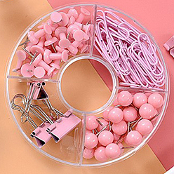 Pink Plastic Push Pins & Paper Clips & Thumb Tacks Assorted Kit, for Photos Wall, Maps, Bulletin Board, Pink, box: 100mm, 105pcs/set