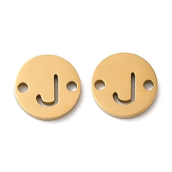 Letter J Ion Plating(IP) 304 Stainless Steel Connector Charms, Flat Round with Letter, Golden, Letter J, 9x1~1.5mm, Hole: 1~1.4mm
