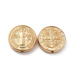 Light Gold Alloy Beads, Flat Round with Cssml Ndsmd Cross God Father/Saint Benedict, Light Gold, 14.5x3.5mm, Hole: 1.2mm
