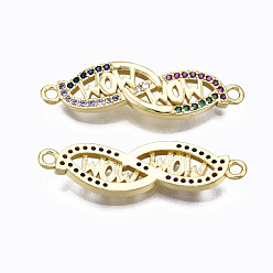Real 16K Gold Plated Brass Micro Pave Colorful Cubic Zirconia Links Connectors, Nickel Free, Mom, Real 16K Gold Plated, 8x28x3mm, Hole: 1.4mm