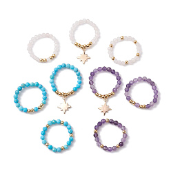 Mixed Stone 3Pcs 3 Styles Natural Mixed Gemstone Beaded Stretch Rings Set, Stackable Rings with Brass Star Charms, Inner Diameter: 21~22mm, 1Pc/style