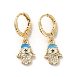 Deep Sky Blue Hamsa Hand with Evil Eye Real 18K Gold Plated Brass Dangle Leverback Earrings, with Enamel and Cubic Zirconia, Deep Sky Blue, 25.5x9mm