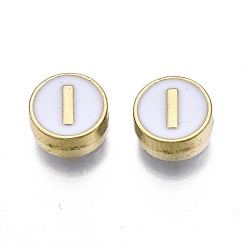 Letter I Alloy Enamel Beads, Cadmium Free & Lead Free, Light Gold, Flat Round with Alphabet, White, Letter.I, 8x4mm, Hole: 1.5mm